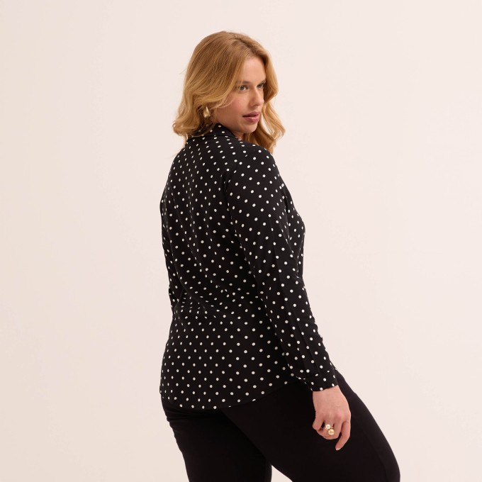 Blusa Chemise em Slub Estampado Manga Longa com Gola e Punhos