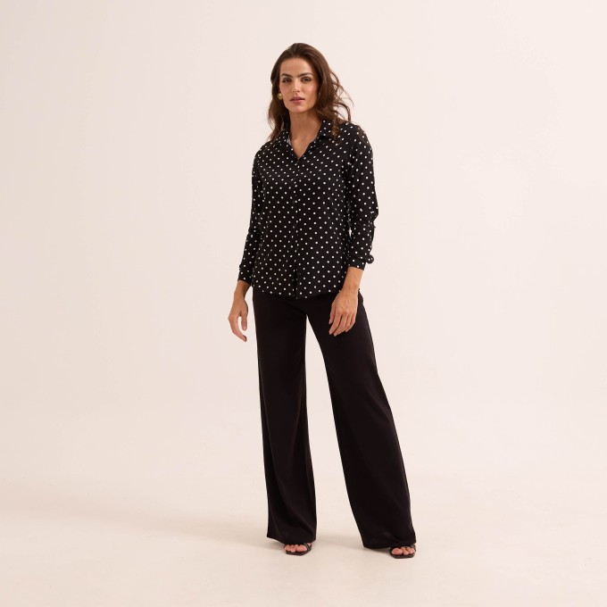 Blusa Chemise em Slub Estampado Manga Longa com Gola e Punhos